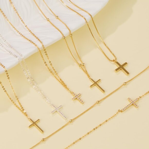 08 Stack Cross CZ Necklaces Women's Plated Dainty Gold Small Cross Pendant - Picture 5 of 8
